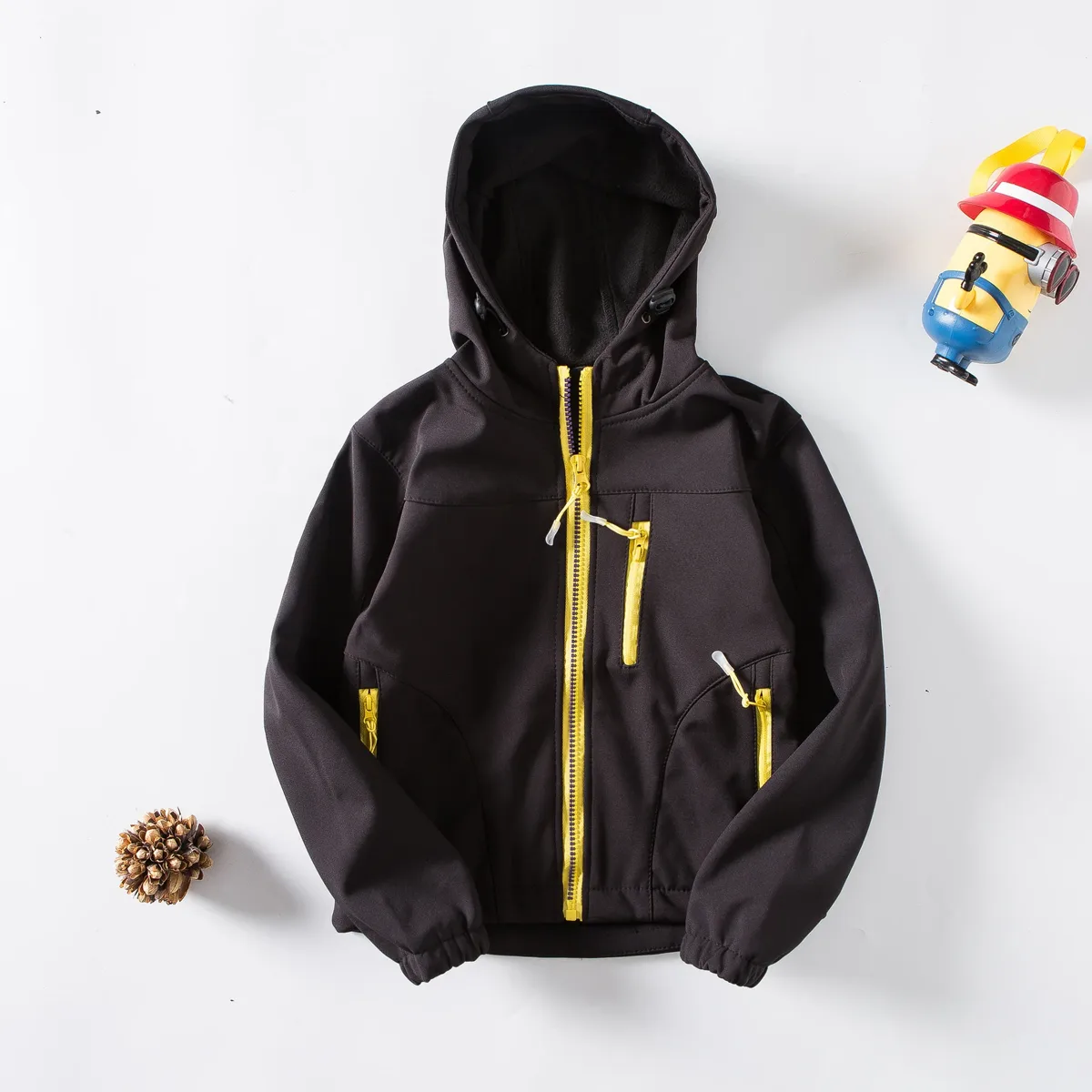 Girls' Hooded Softshell Jacket — Black, flat front