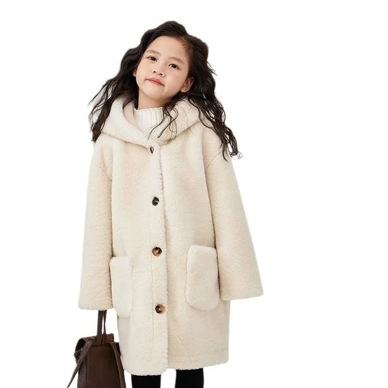 Girls' Hooded Suede-Effect Long Coat — Apricot — Apricot, front view