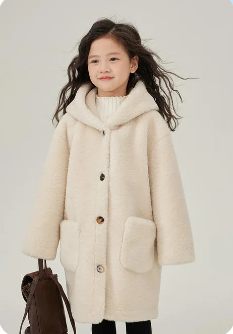 Girls' Hooded Suede-Effect Long Coat — Apricot — Apricot, worn front view