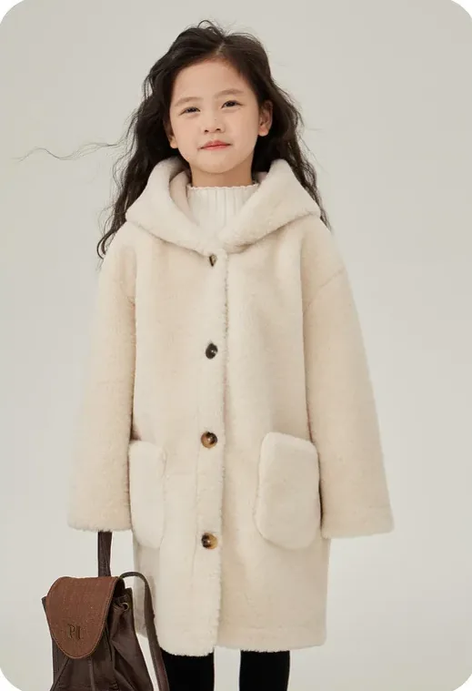 Girls' Hooded Suede-Effect Long Coat — Apricot — Apricot, worn three-quarter view