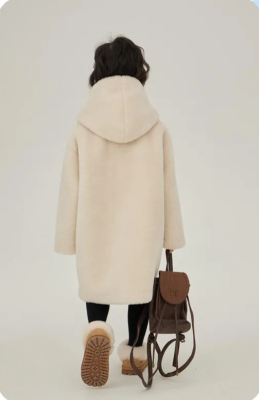 Girls' Hooded Suede-Effect Long Coat — Apricot — Apricot, back view