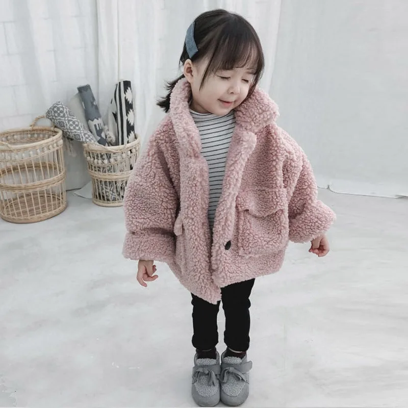 Girls' Oversized Boucle Coat — 3 Colourways — Pink, worn front view