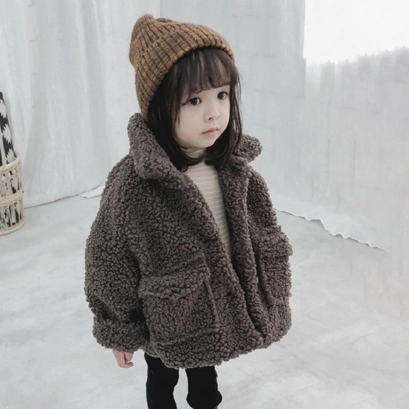Girls' Oversized Boucle Coat — 3 Colourways — Brown, worn front view