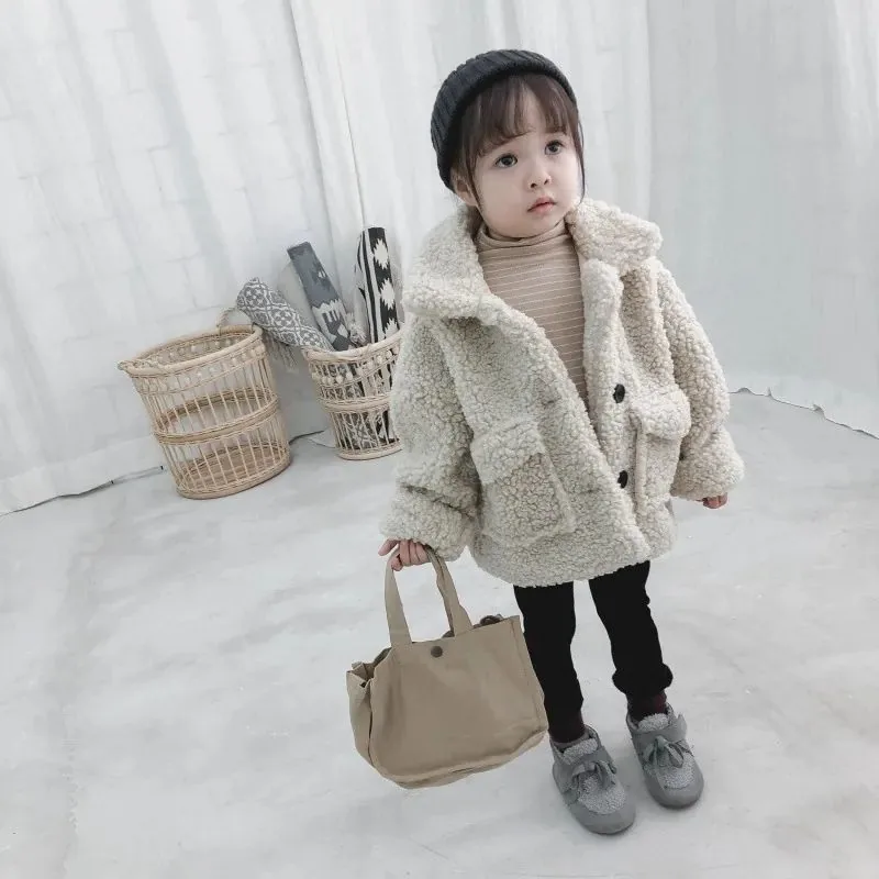 Girls' Oversized Boucle Coat — 3 Colourways — Cream, worn front view
