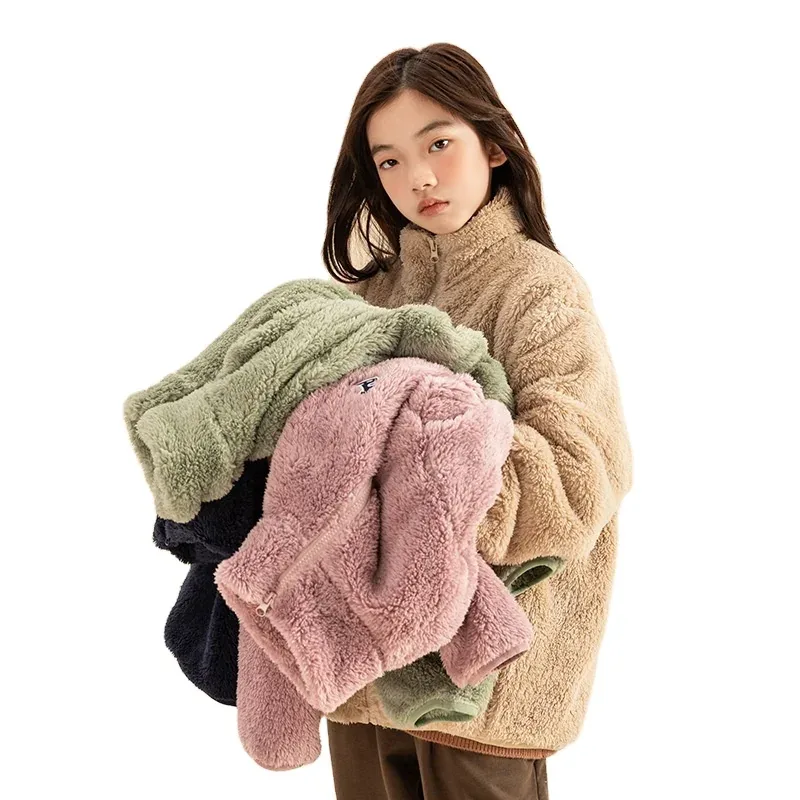Girls' Oversized Sherpa Zip Jacket — 4 Colourways — Worn, holding the colour range