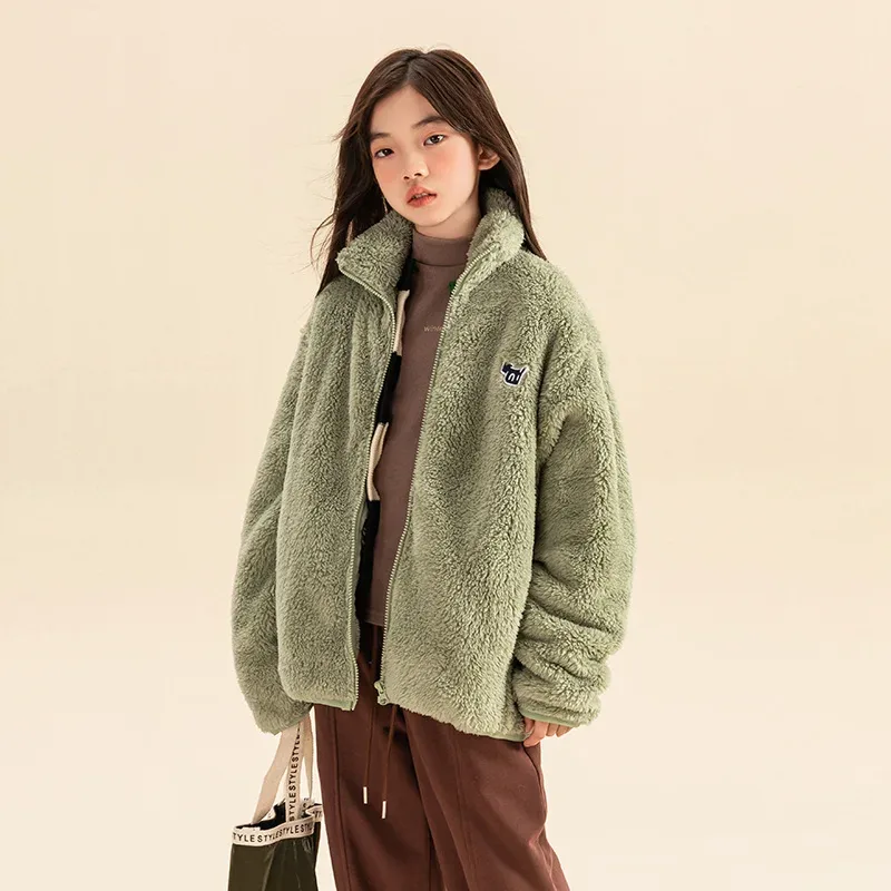 Girls' Oversized Sherpa Zip Jacket — 4 Colourways — Green, worn, front view