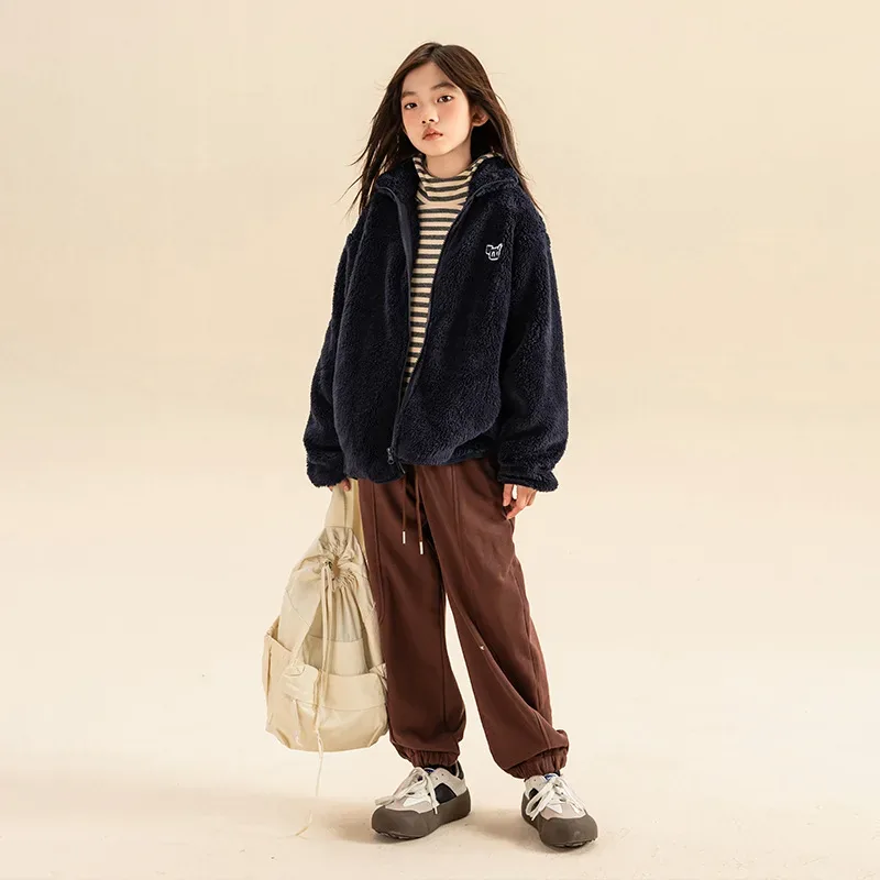 Girls' Oversized Sherpa Zip Jacket — 4 Colourways — Navy Blue, worn, front view