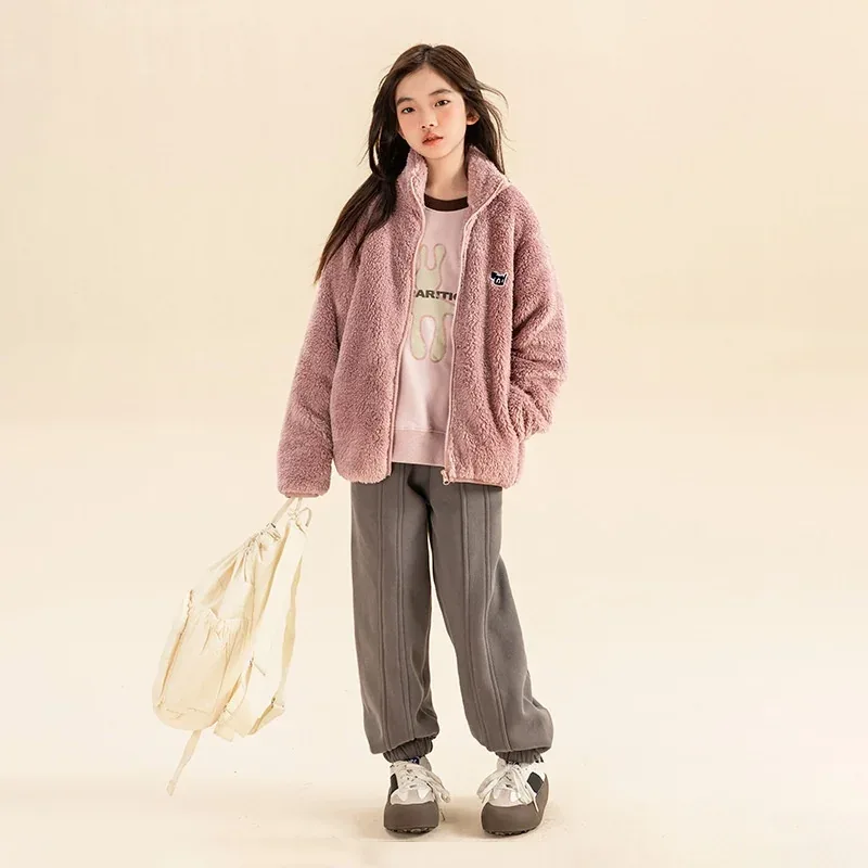 Girls' Oversized Sherpa Zip Jacket — 4 Colourways — Pink, worn, front view