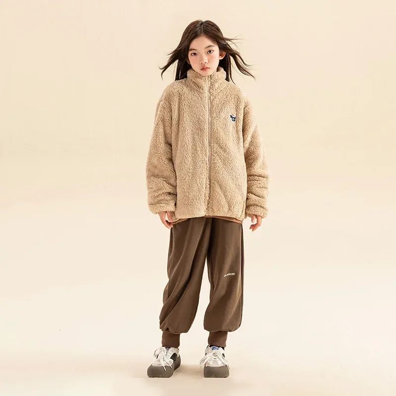 Girls' Oversized Sherpa Zip Jacket — 4 Colourways — Khaki, worn, front view