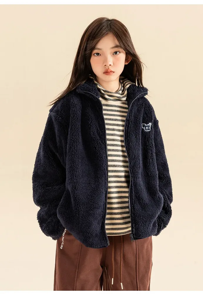 Girls' Oversized Sherpa Zip Jacket — 4 Colourways — Navy Blue, worn, close view
