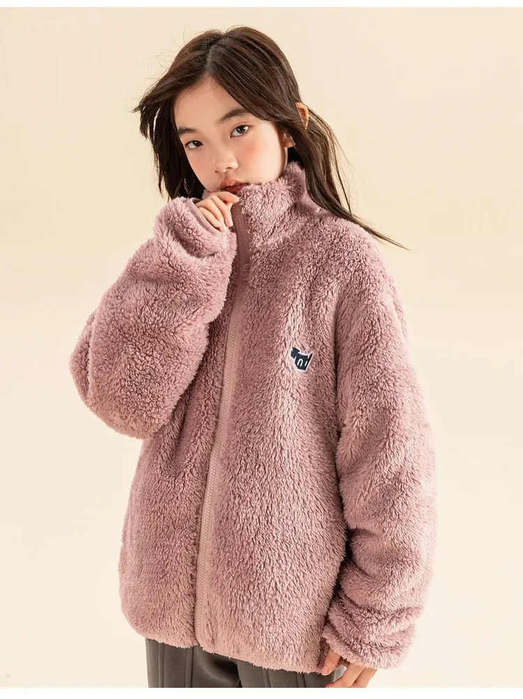 Girls' Oversized Sherpa Zip Jacket — 4 Colourways — Pink, worn, close view