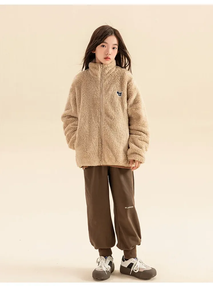 Girls' Oversized Sherpa Zip Jacket — 4 Colourways — Khaki, worn, full view