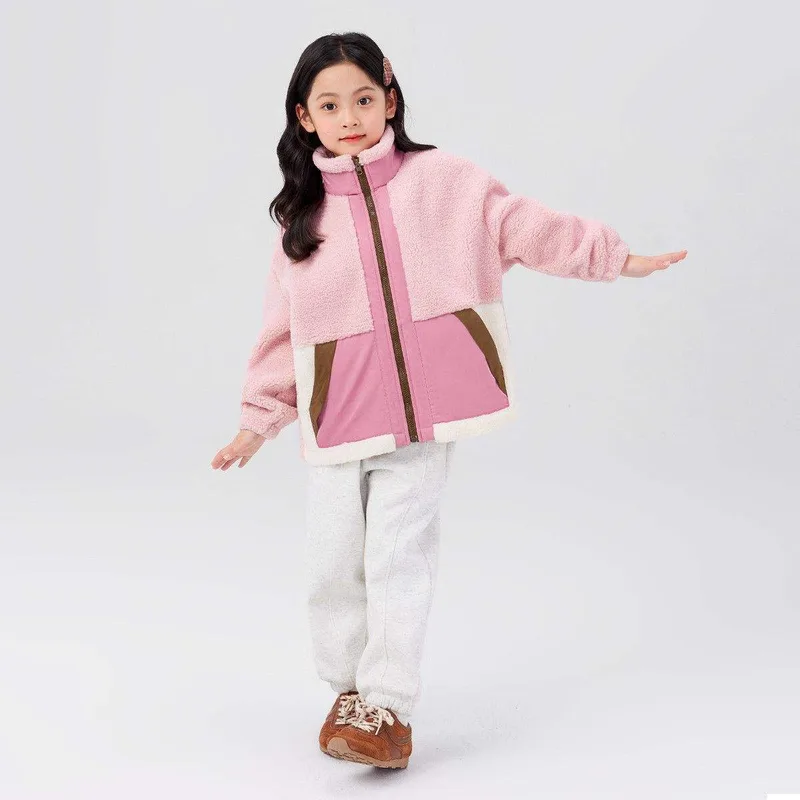 Girls' Colour-Block Sherpa Jacket — Pink — Pink, worn full view