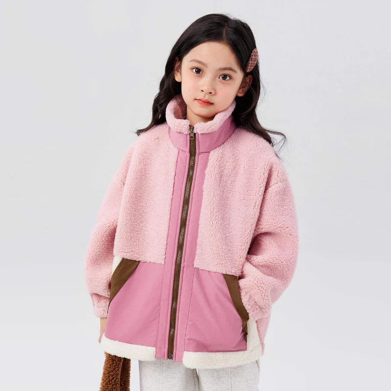 Girls' Colour-Block Sherpa Jacket — Pink — Pink, worn front view