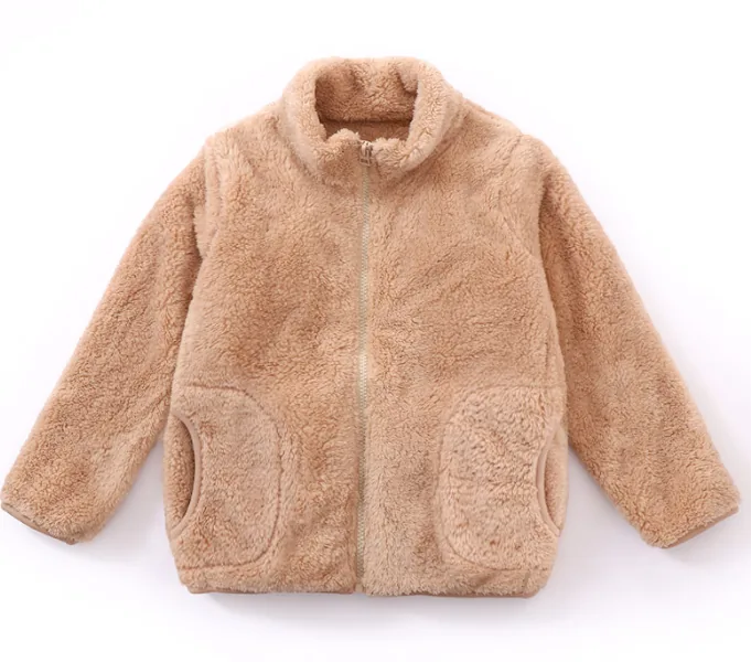 Girls' Plush Stand-Collar Zip Jacket — 4 Colourways — Khaki, front view