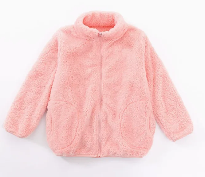 Girls' Plush Stand-Collar Zip Jacket — 4 Colourways — Pink, front view