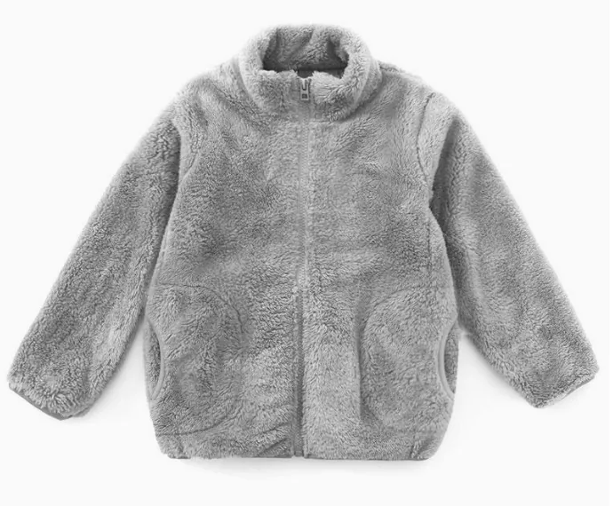 Girls' Plush Stand-Collar Zip Jacket — 4 Colourways — Gray, front view