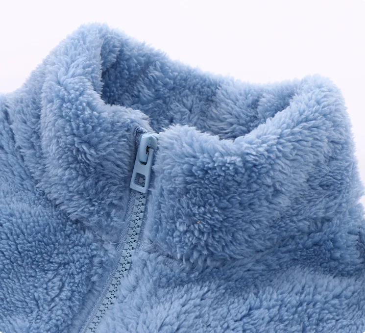 Girls' Plush Stand-Collar Zip Jacket — 4 Colourways — Blue, collar and zip detail