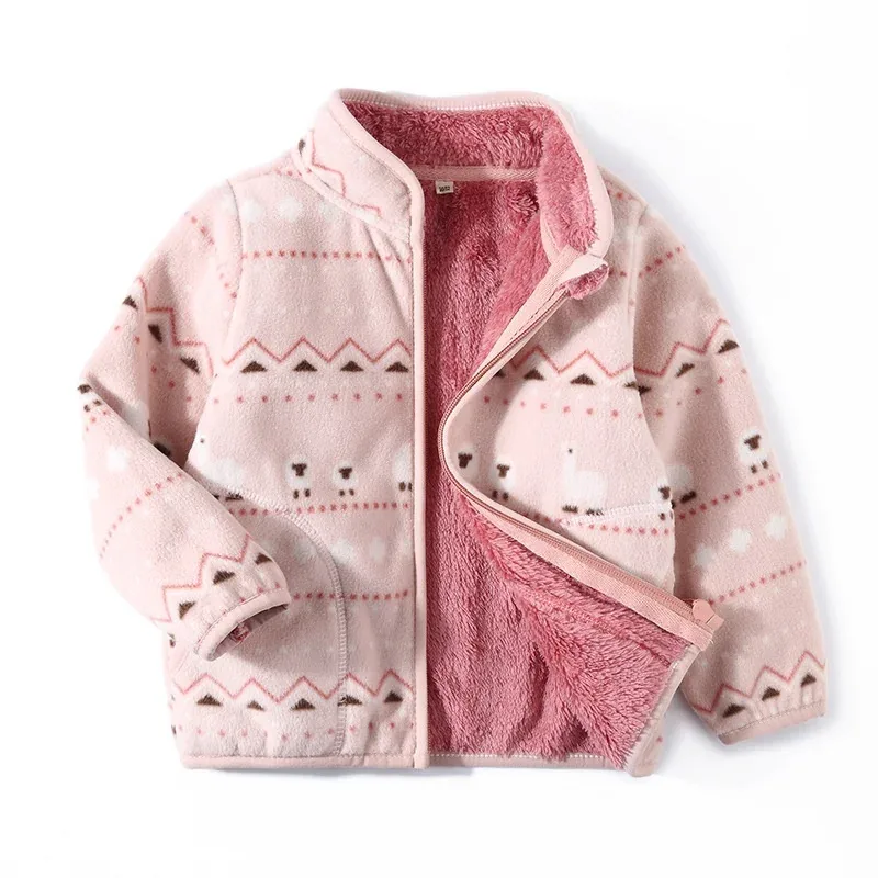 Girls' Printed Fleece Zip Jacket — 4 Colourways — Pink, front view, open