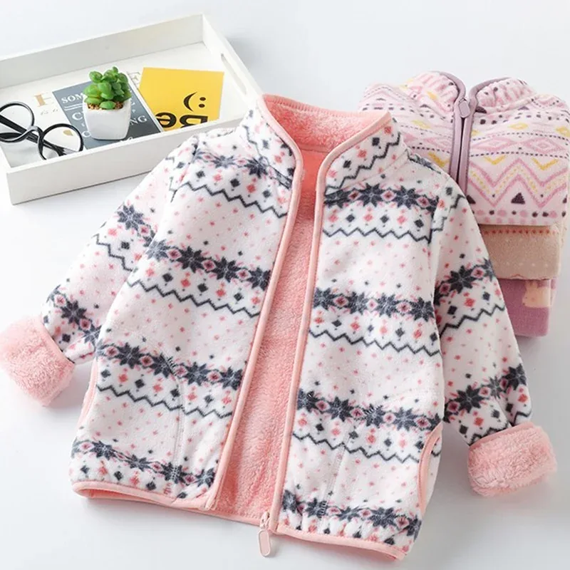 Girls' Printed Fleece Zip Jacket — 4 Colourways — White, styled flat lay