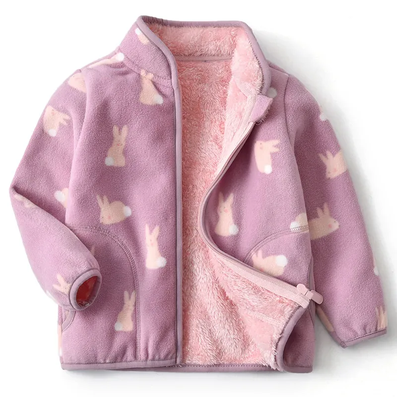 Girls' Printed Fleece Zip Jacket — 4 Colourways — Pinkish Purple, front view, open