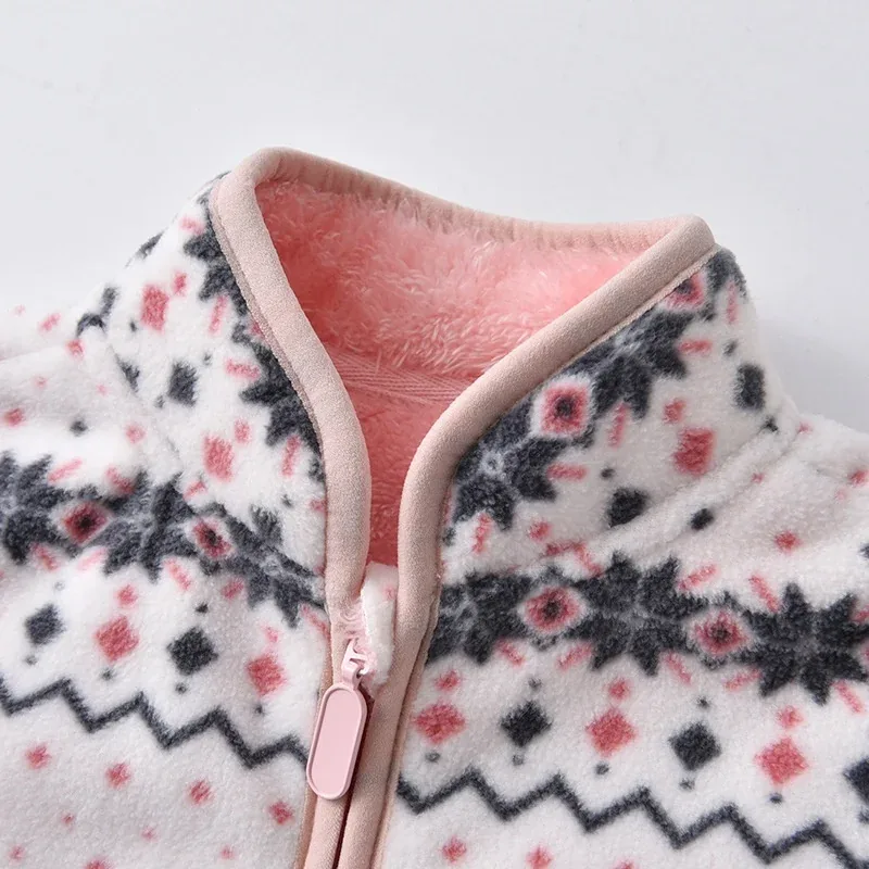 Girls' Printed Fleece Zip Jacket — 4 Colourways — White, collar and zip detail