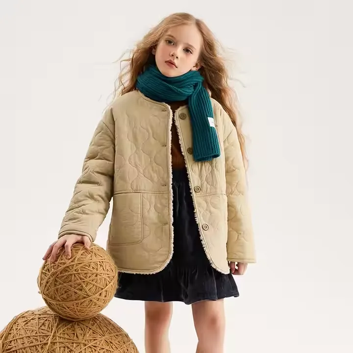 Girls' Quilted Button Jacket — Khaki — Khaki, worn front view