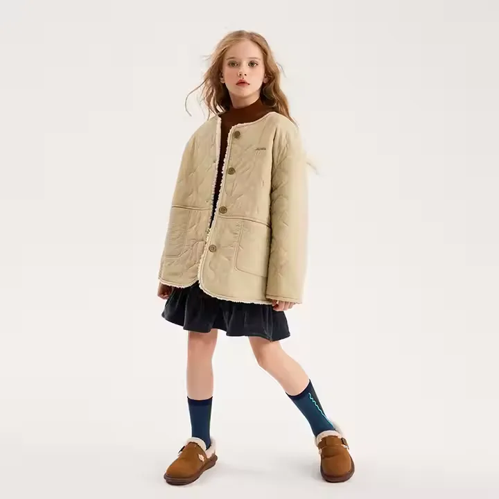 Girls' Quilted Button Jacket — Khaki — Khaki, worn full-length view