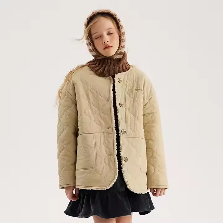 Girls' Quilted Button Jacket — Khaki — Khaki, worn front view