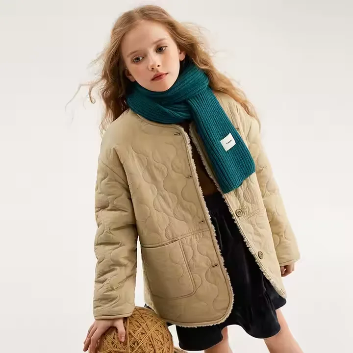 Girls' Quilted Button Jacket — Khaki — Khaki, worn front view