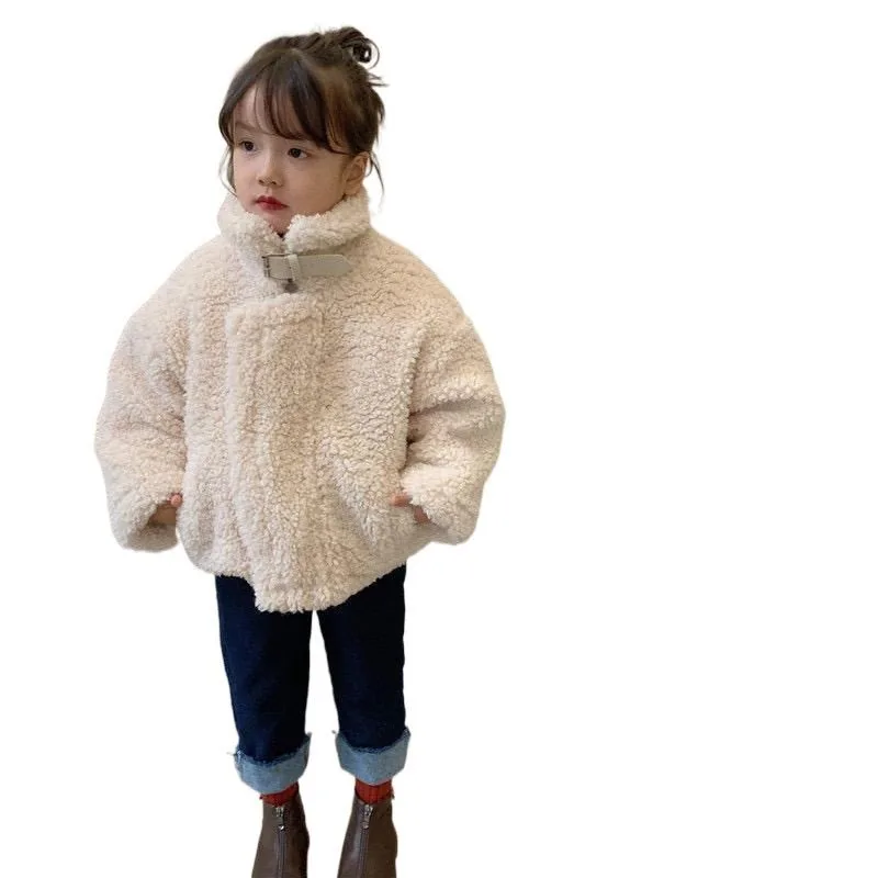Girls' Sherpa Buckle-Collar Jacket — Beige — Beige, worn front view
