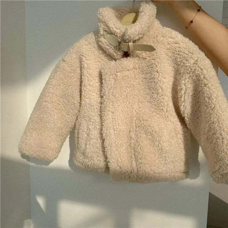 Girls' Sherpa Buckle-Collar Jacket — Beige — Beige, flat front view