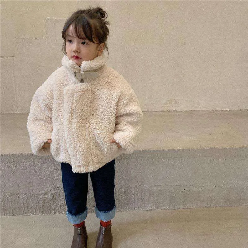 Girls' Sherpa Buckle-Collar Jacket — Beige — Beige, worn, room view
