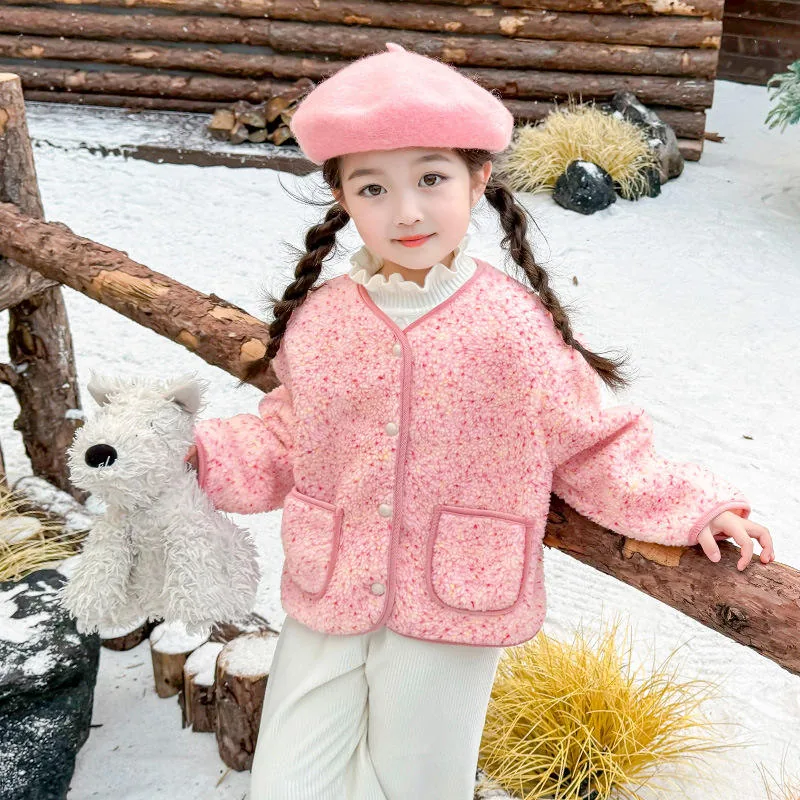 Girls' Sherpa Button Coat — 3 Styles, 4 Colourways — Pink, worn front view