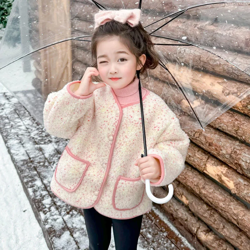 Girls' Sherpa Button Coat — 3 Styles, 4 Colourways — Cream, worn view with umbrella