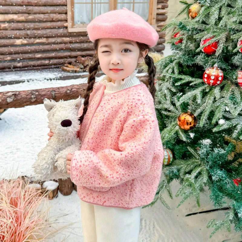 Girls' Sherpa Button Coat — 3 Styles, 4 Colourways — Pink, worn side view