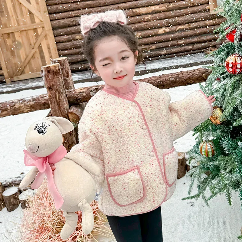 Girls' Sherpa Button Coat — 3 Styles, 4 Colourways — Cream, worn front view