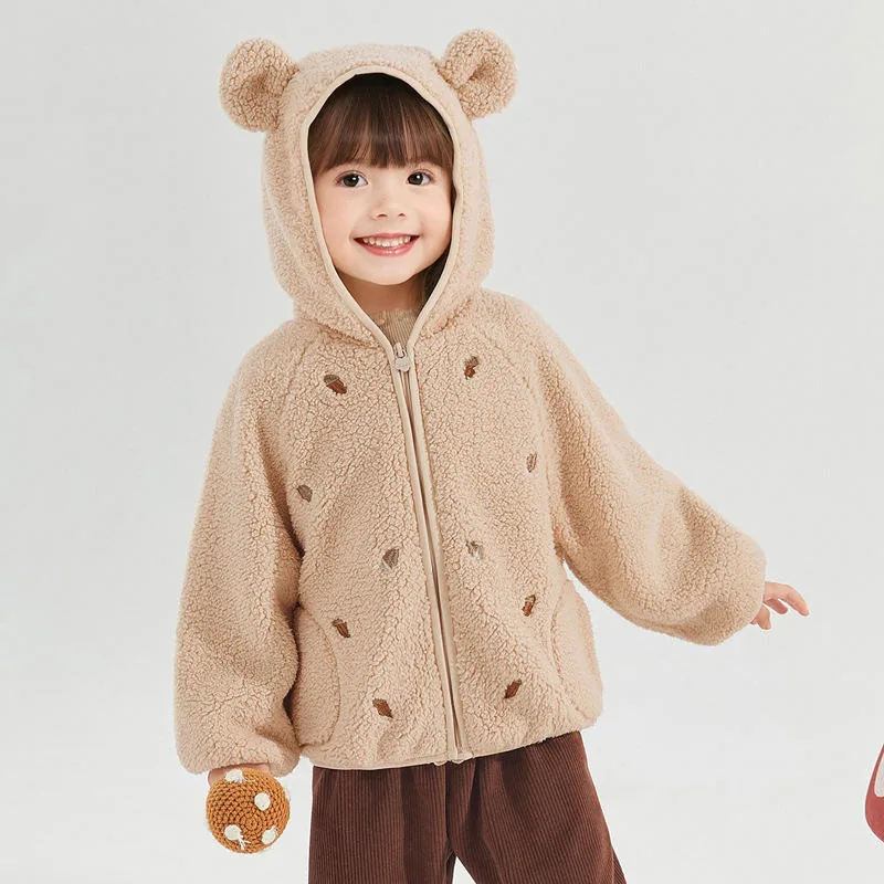 Girls' Sherpa Button Coat — 3 Styles, 4 Colourways — Khaki, bear-ear hooded jacket