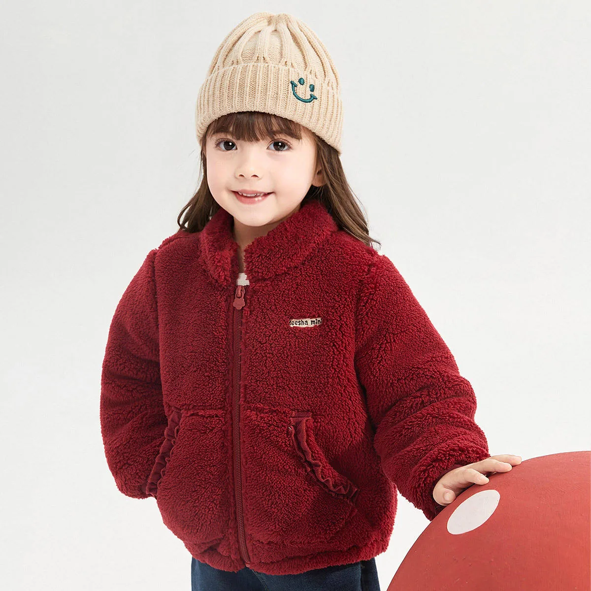 Girls' Sherpa Button Coat — 3 Styles, 4 Colourways — Red, stand-collar zip jacket
