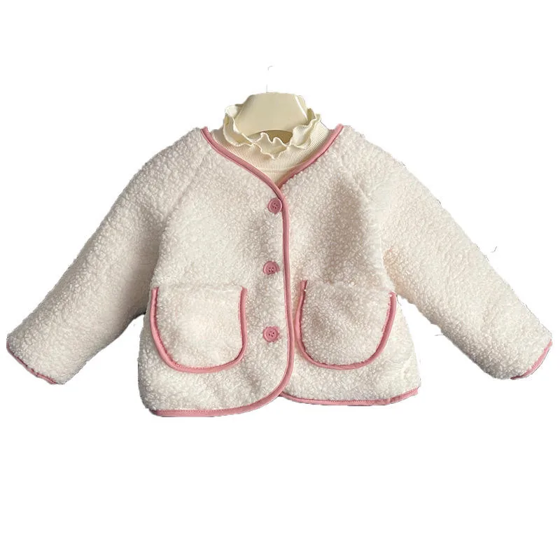 Girls' Sherpa Button Jacket — White — White, front view