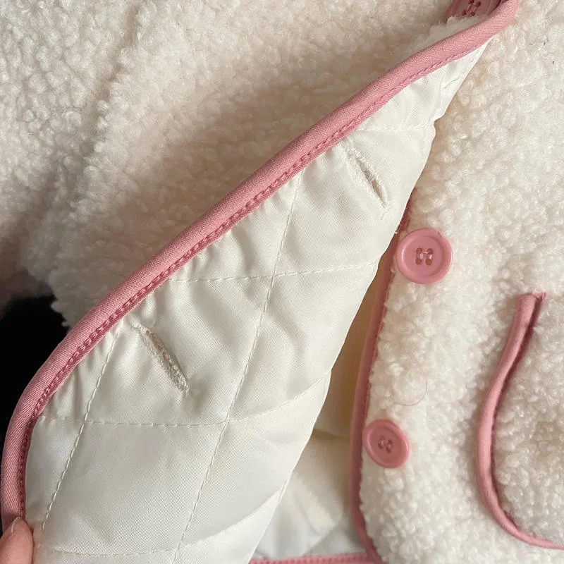 Girls' Sherpa Button Jacket — White — Quilted lining and button detail