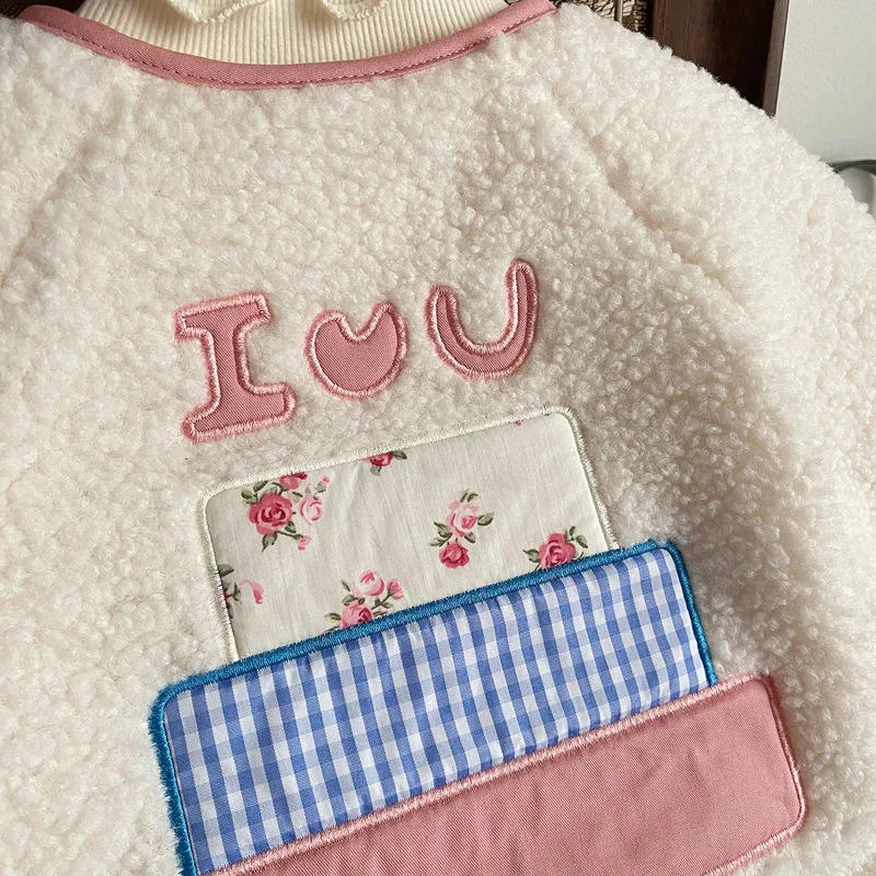 Girls' Sherpa Button Jacket — White — Appliqué and patchwork detail