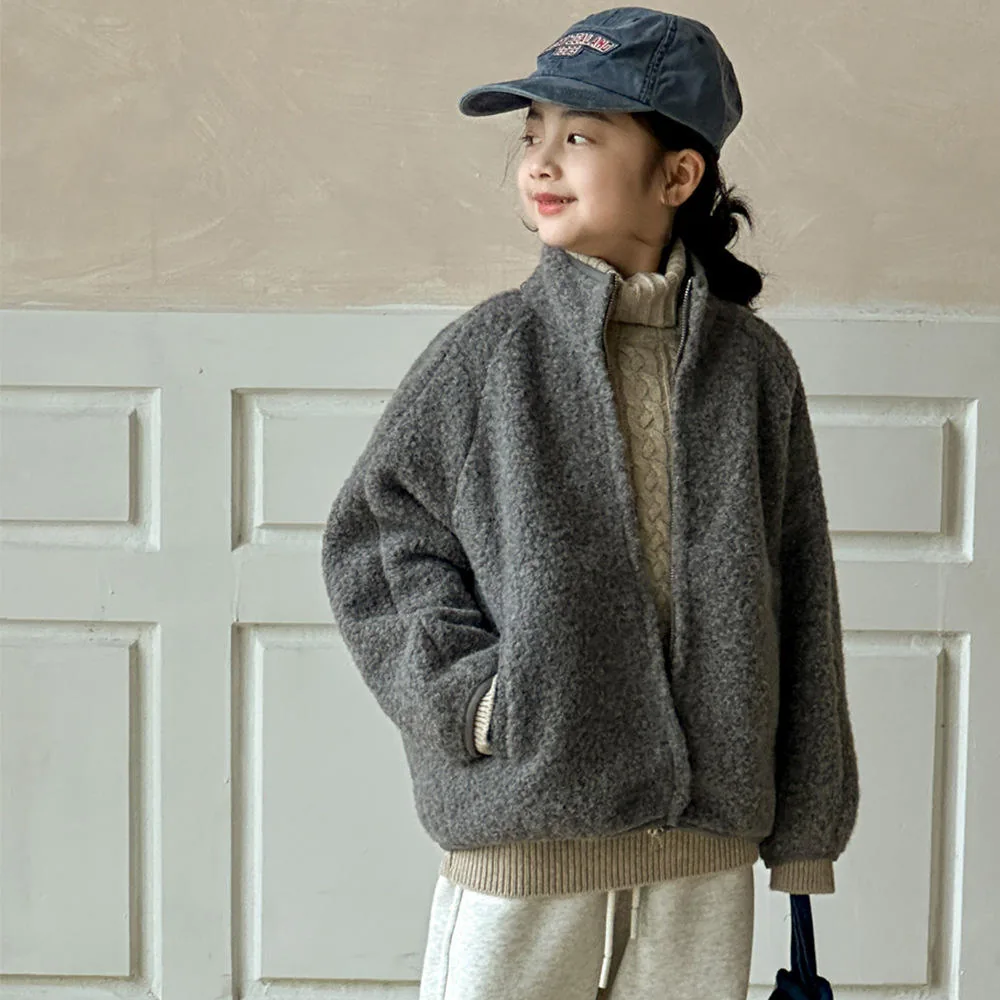 Girls' Sherpa Zip Coat — Dark Grey — Dark Grey, worn side view