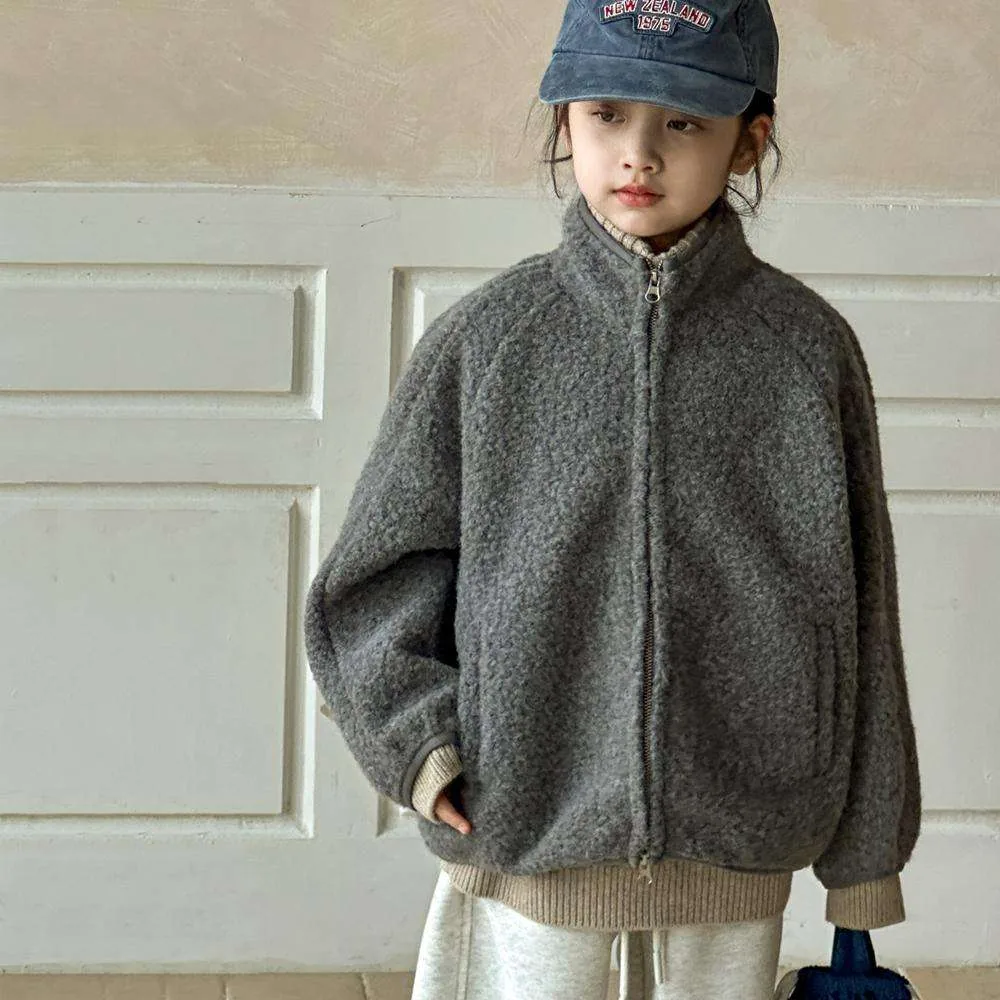 Girls' Sherpa Zip Coat — Dark Grey — Dark Grey, worn front view