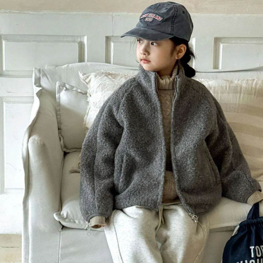 Girls' Sherpa Zip Coat — Dark Grey — Dark Grey, worn seated view
