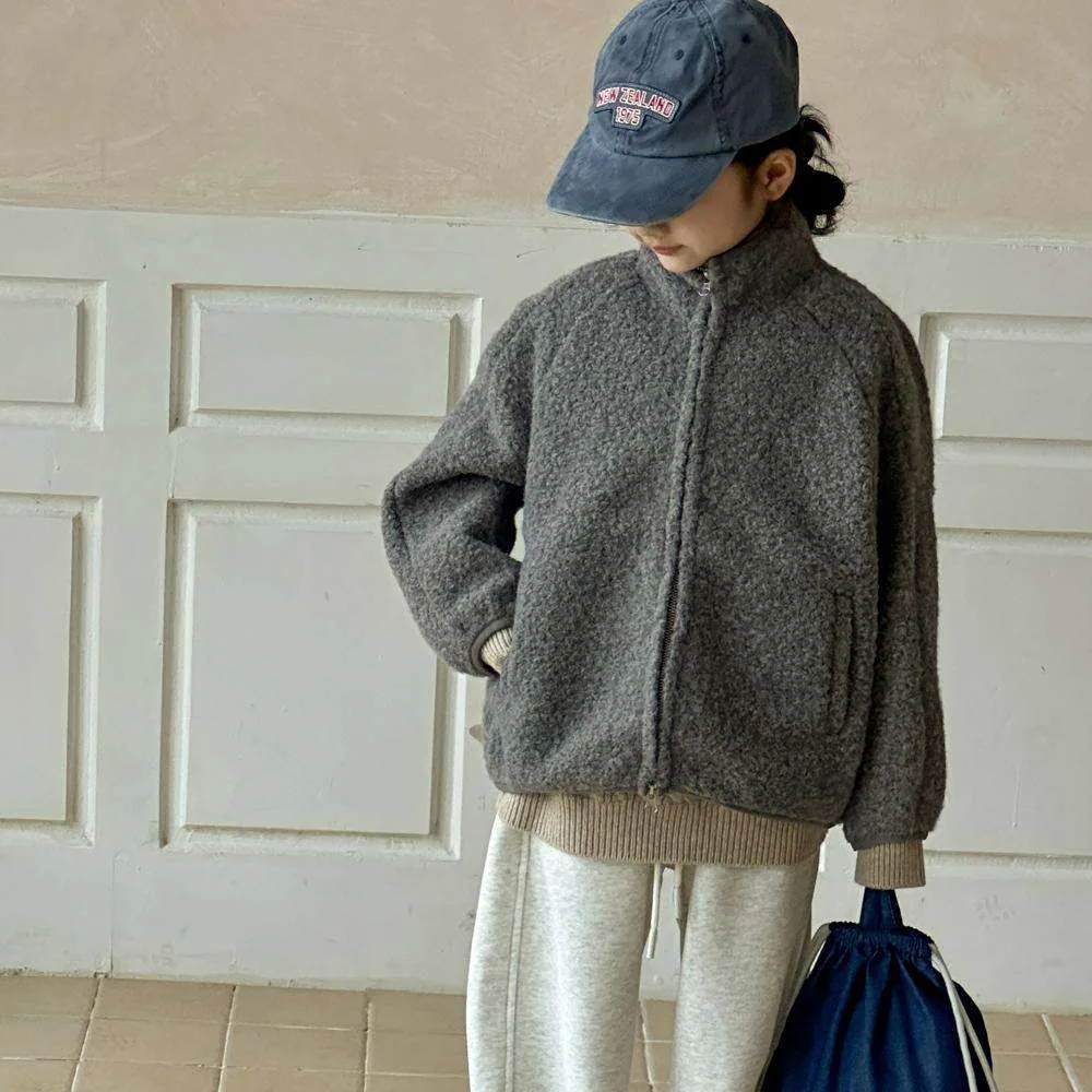 Girls' Sherpa Zip Coat — Dark Grey — Dark Grey, worn back view