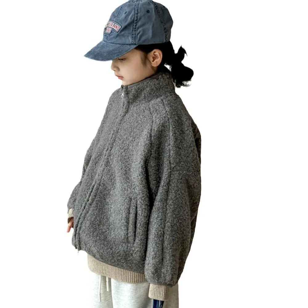 Girls' Sherpa Zip Coat — Dark Grey — Dark Grey, worn side view