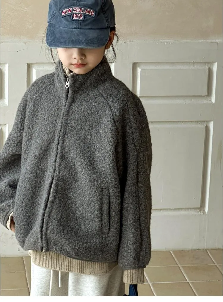 Girls' Sherpa Zip Coat — Dark Grey — Dark Grey, worn front close view
