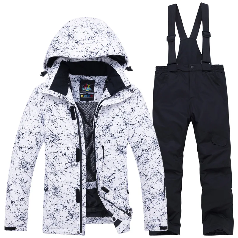 Girls' white ink-splatter print ski jacket with black bib pants
