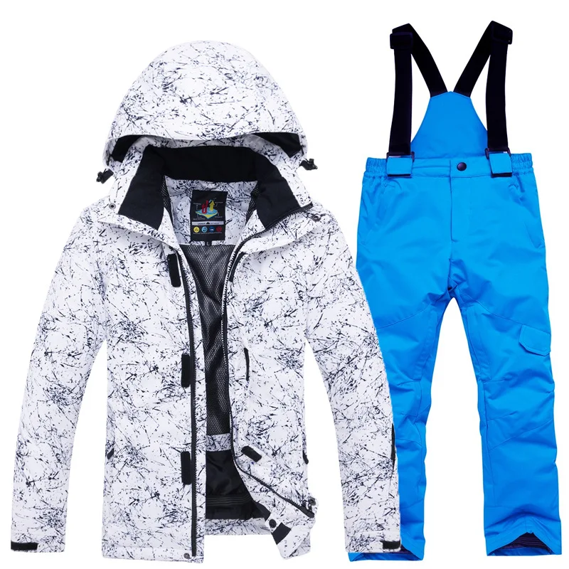 Girls' white ink-splatter print ski jacket with sky blue bib pants